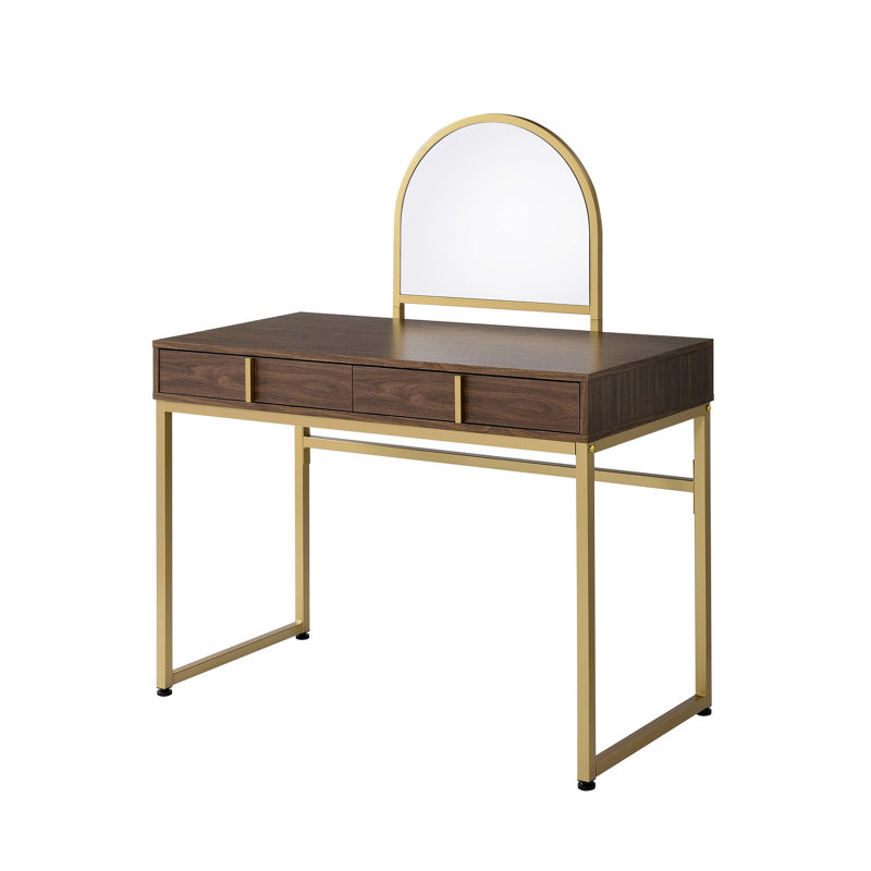 Rectangular Vanity Desk Of Gold And Walnut With Metal Frame, Mirror Jewelry Tray, 2 Drawers For Storage, Particle Board Project, 42 Inches Wide & Included, Storage Drawers, Arrangement, 50 Tall