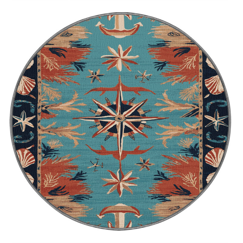 Washable Caribbean themes Nautical Area Rug, Round 7'