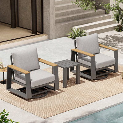 2-Person Aluminum Patio Conversation Set with 360° Swivel Chairs, Olefin Cushions and Side Table