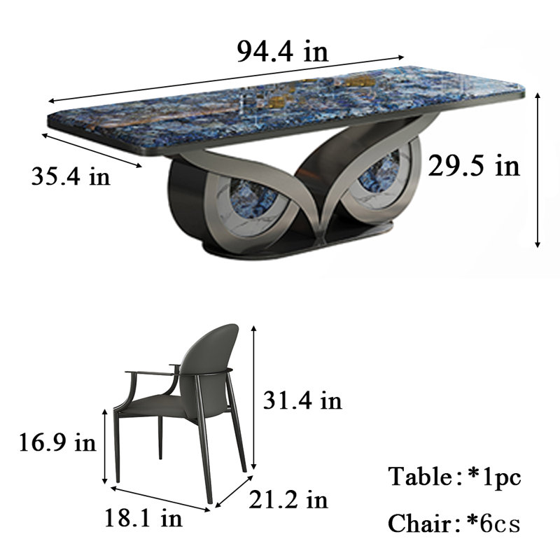 Ensemble de salle à manger rectangulaire moderne 35,4 po, Bleu, H 29,5 po x L 94,4 po x l 35,4 po