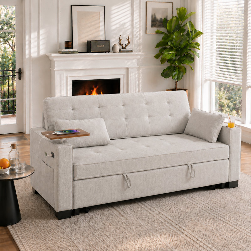 73" Convertible Sleeper Sofa Bed with Pull-Out Bed, Foldable Side Table, USB Ports & Cup Holders, Small Space Multifunction Sleeper Sectional Sofa, Modern Chenille  Upholstered Couch for Living Room, Apartment, Small Space