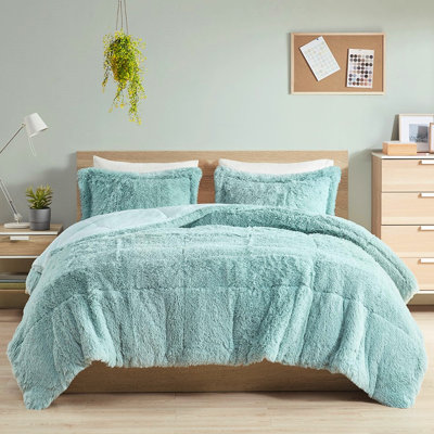 Édredon très long à poil long très grand et très doux - bleu avec rembourrage inversé doux l 104 po x L 90 po 2 taies décoratives incluses L 20 po x L 36 po + P 2 po