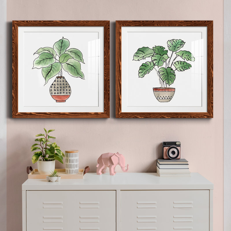Boho Greenery I - ensemble de 2 peintures, H 24 po x l 48 po x P 1 po, Papier avec cadre érable