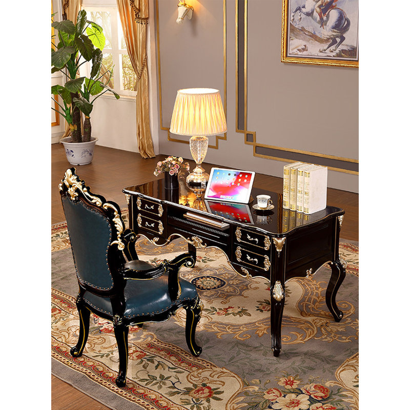 Bureau européen en bois sculpté avec plusieurs tiroirs de rangement, H 31,1 po x l 62,99 po x P 31,5 po
