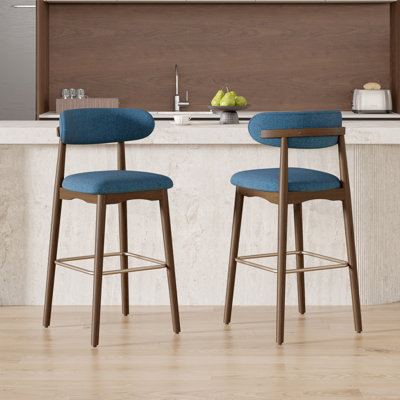Modern Upholstered Counter Height Bar Stool With Back, Non-swivel, Solid Rubberwood Legs And Bronze Metal Footrest