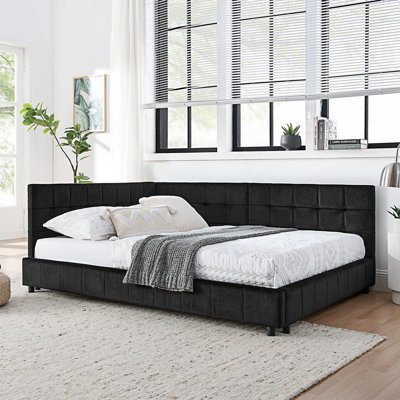 Structure de lit tapissier en velours noir pleine grandeur avec pieds stables et housse pour lit de jour