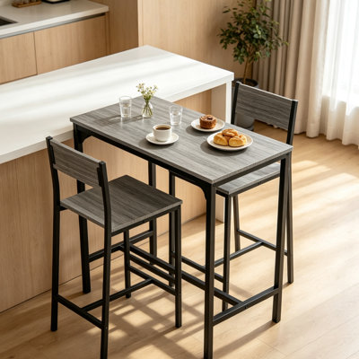 Dining Set 3-Piece Counter Height Table with Bar Stools, Industrial Gray Wood & Steel Breakfast Table, Space-Saving Kitchen Bistro Set for Apartment, Patio & Small Spaces