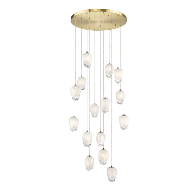 15-Light Gold Chandelier With White Glass Pendants, Gold