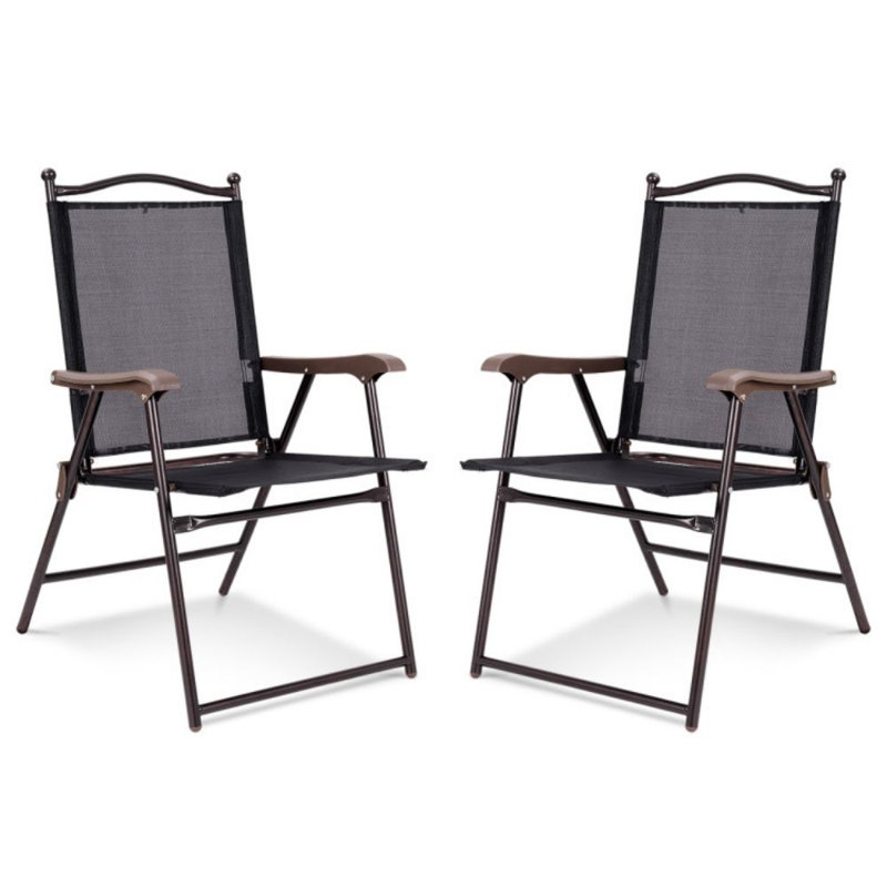 Set Of 2 Patio Folding Sling Back Camping Deck Chairs, Black