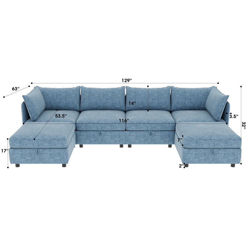 Canapé-lit modulaire 6 pièces pour salon, Chenille bleu antique