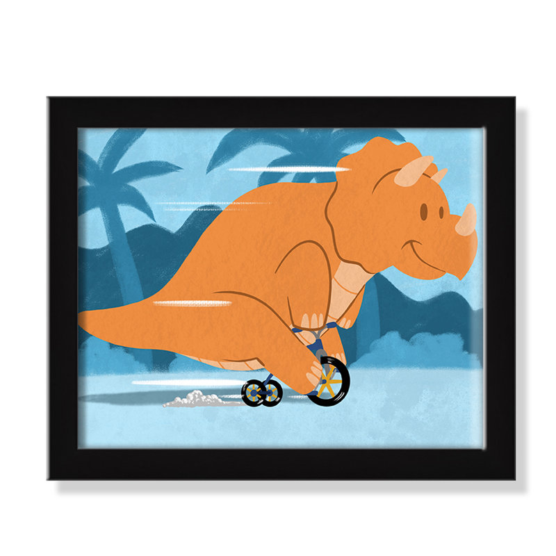 «Riding Dino 2», impression sur papier, H 8 po x l 10 po x P 1,18 po, Encadré de boîte à grain de bois noir