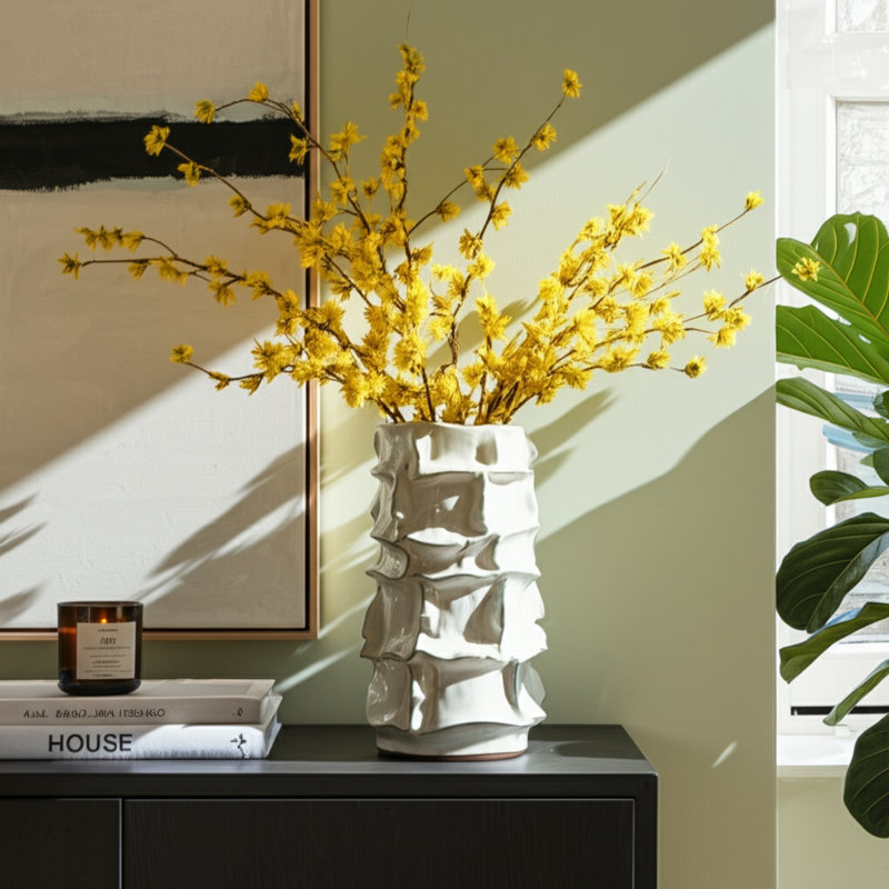 Vase décoratif en céramique avec motif ondulé texturé - Décoration moderne, H 13 po x l 7 po x P 7 po