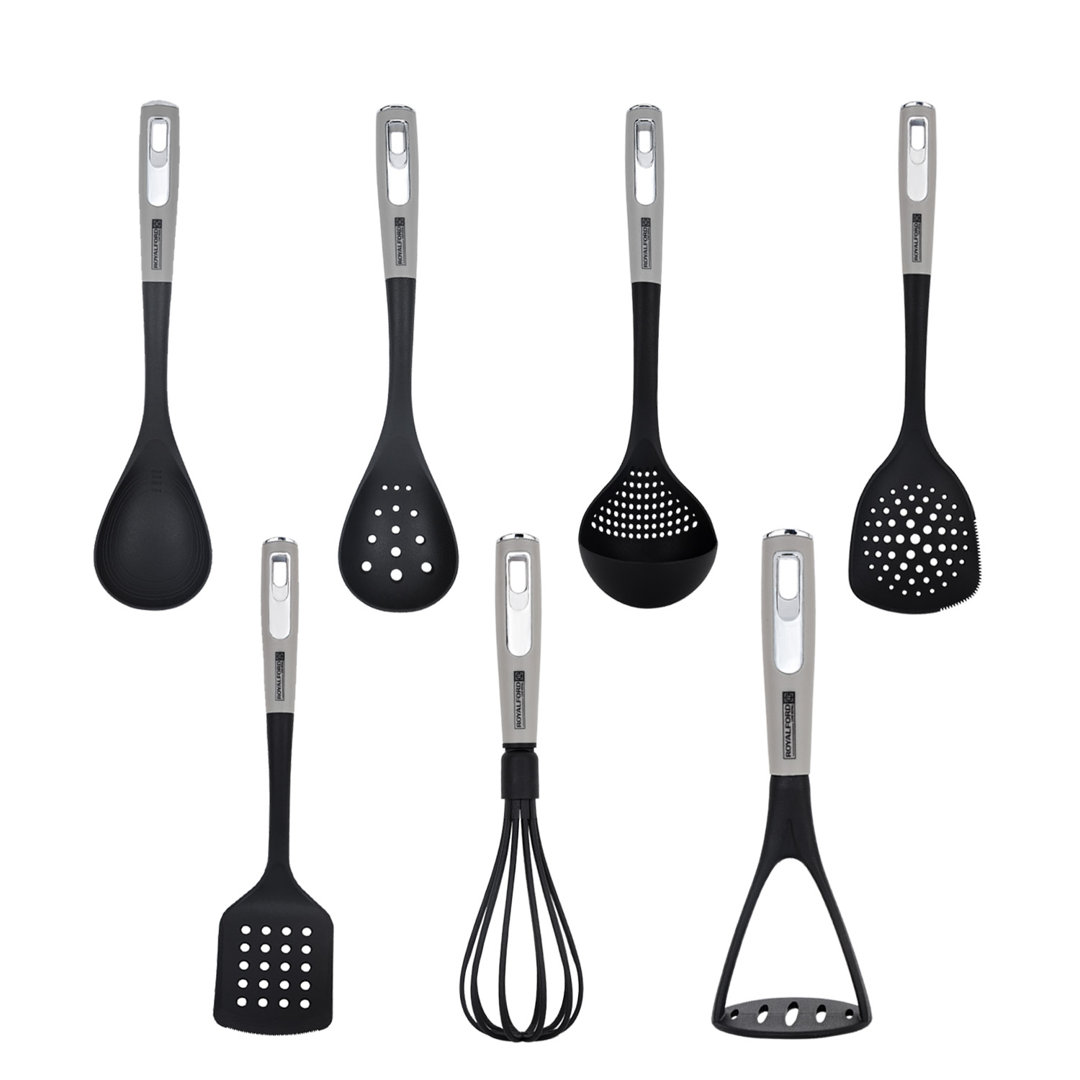Royalford 7 PC Nylon Kitchen Utensil Set for Cooking | Serving Spoon, Slotted Spoon, Slotted Spatula, Skimmer, Soup Ladle, Egg Whisk & Potato Masher S