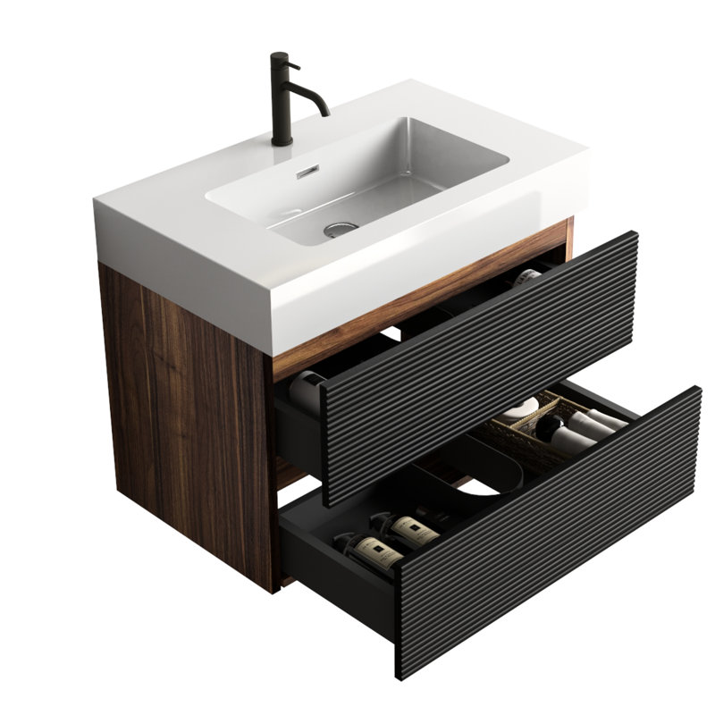 Meuble-lavabo de 30 pi pour salle de bain moderne, fixé au mur avec lavabo d'ingénierie et deux tiroirs noirs, conception unique - finition de qualité E0, lavabo blanc à fermeture en douceur et à fermeture en douceur, Mid Century E1