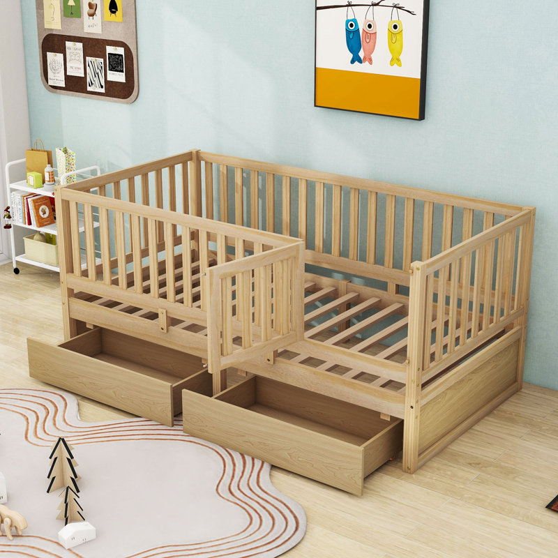 Wooden Daybed with Safety Guardrails and Convertible Split Design, Twin, Natural