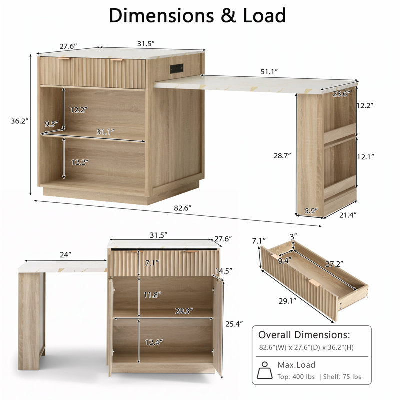 82.6" Fluted Kitchen Island with Extendable Dining Table for 4-6, Island Table for Kitchen with Power Outlet, Kitchen Table with Double-Side Storage, 2 Drawers 2 Side Open Shelves, Natural