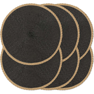 Round Braided Placemats Set Of 6 Table Mats 15 Inches Washable Heat Resistant For Dining Table Non-Slip Indoor Outdoor Place Mats For Thanksgiving Christmas Easter(Black Thin Edge 6)