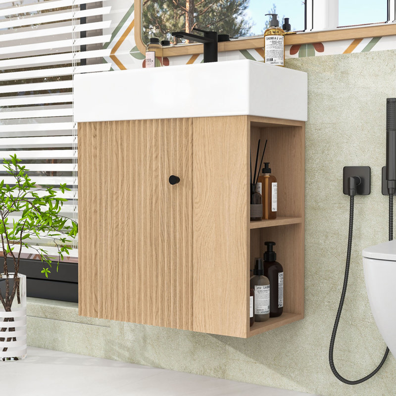 Chic Floating Bathroom Vanity with Ceramic Basin and Right-Side Storage, Wood