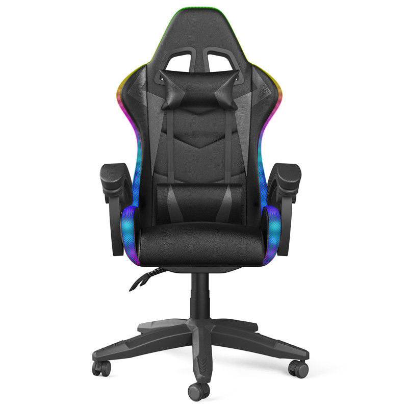 Reclining Gaming Chair with LED Lights and Headrest, Black
