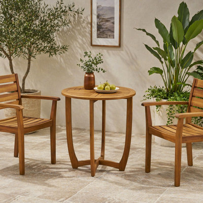 Table d'appoint bistro de 27,5 po ronde en bois d'acacia massif, table de bout d'extérieur à lattes résistante aux intempéries, petite table de salle à manger rustique en teck pour terrasse de jardin