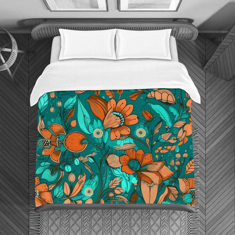 Machine Printed Duvet Cover, Queen Duvet Cover, Orange/Turquoise