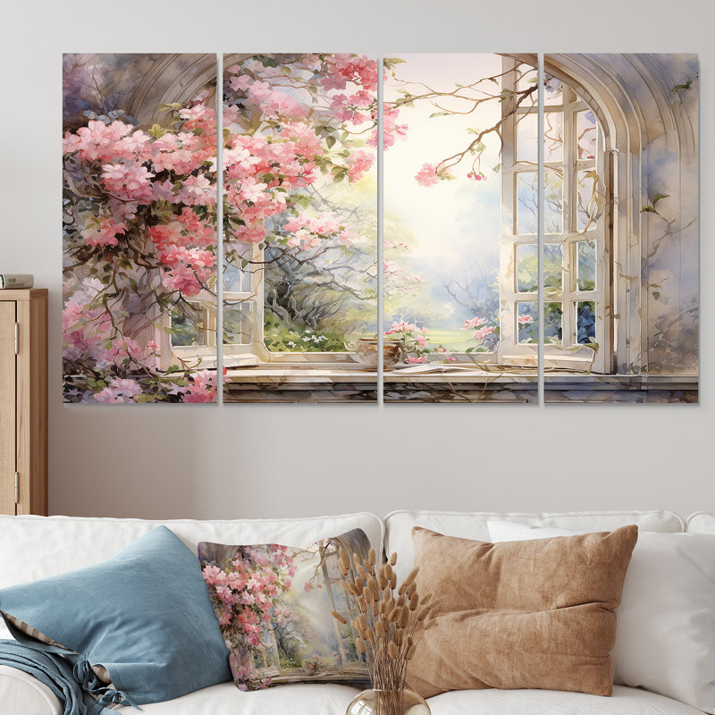 «Pink Blossoming Country Window Gaze I», art mural 4 pièces, H 28 po x l 48 po