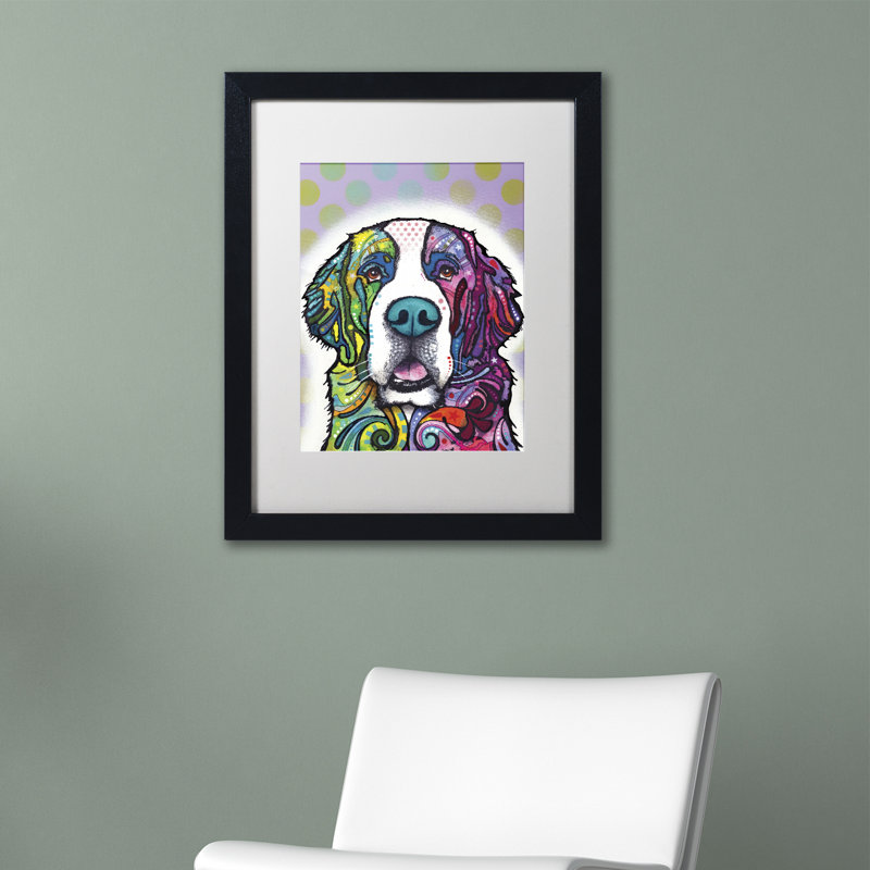 " Saint Bernard " by Dean Russo, 14" H x 11" W x 0.5" D, Black Framed, White