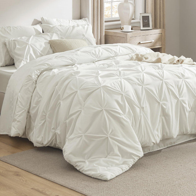 Bedsure King Burgundy Pintuck Bed-in-a-Bag - Ivory Pinch Pleat Comforter Set with Sheets, Pillowcases & Shams (Set of 7)