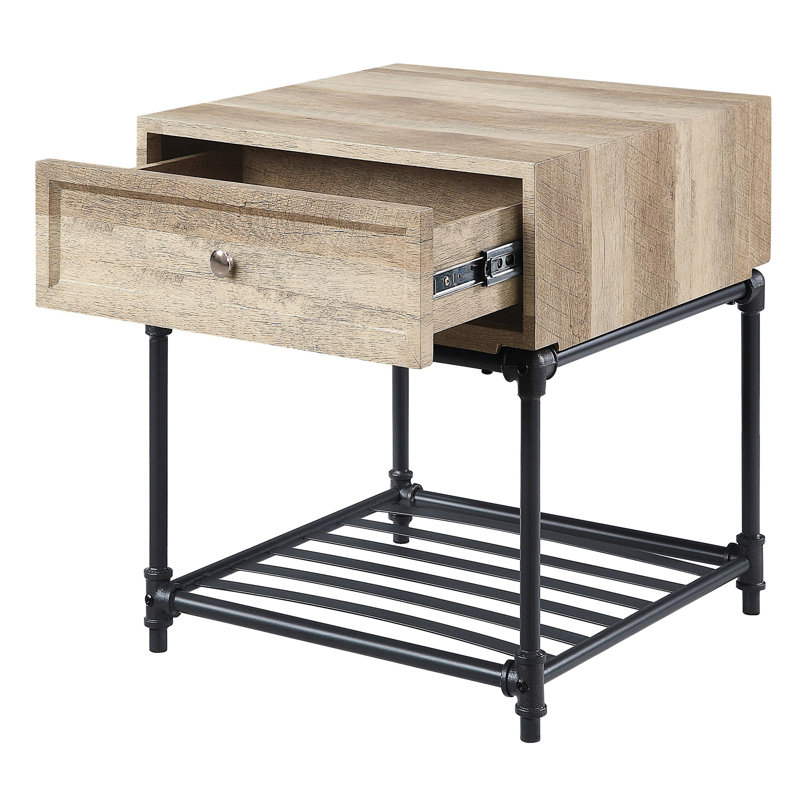 Industrial Rustic End Table With Shelf, Sandy Black And Oak Finish Rectangular In Fashion, Surface