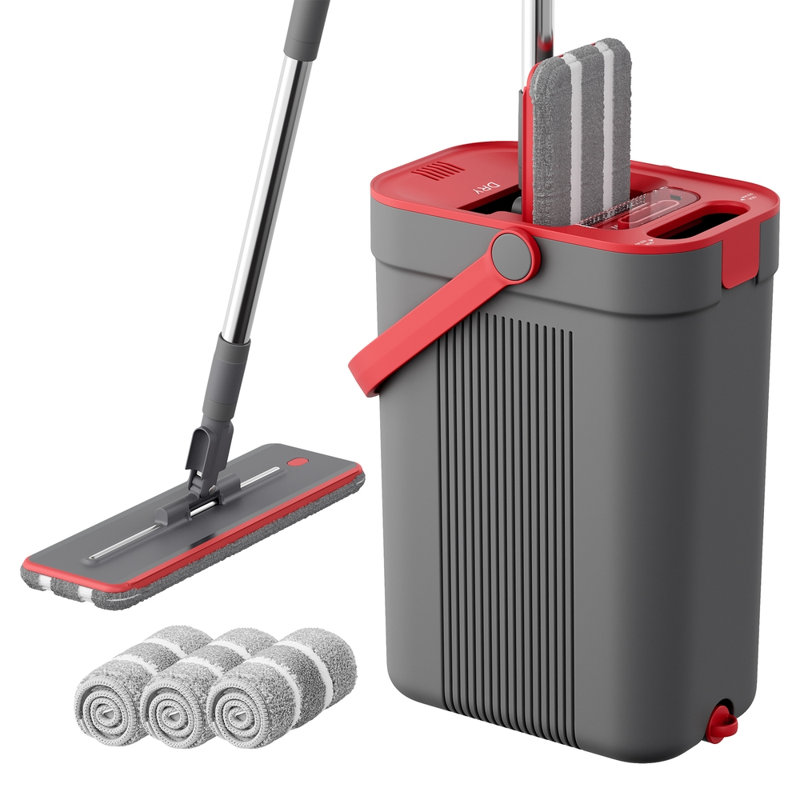 Flat Mop and Bucket Set with Water Separation, 3 Microfibre Pads, 26 x 17 x 36 cm, Grey and Red, Red
