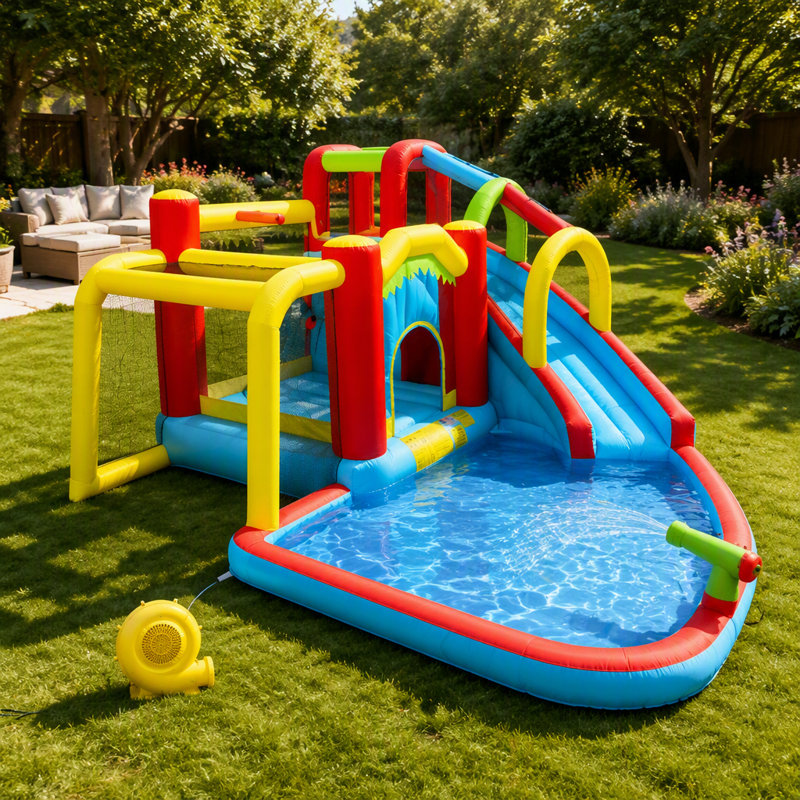 Jeu gonflable de jardin gonflable de 7 pieds et de 7 pouces avec piscine pour éclaboussures, pistolet à eau et mur d'escalade