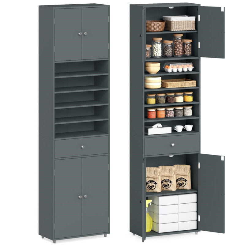 Grey Freestanding Tall Kitchen Storage Cabinet 180cm, Buffet Pantry Cupboard with 4 Doors, Adjustable Shelves and Anti-Tipping Device for Dining Room