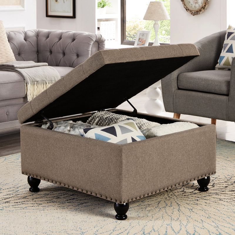 Rangement carré avec capacité puissante et fonctionnalité de pieds en bois noir avec surface en lin, Linen