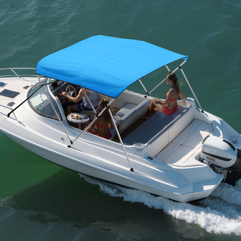 3 Bow Boat Bimini Top, 600D Polyester Canopy with Aluminum Alloy Frame, Waterproof & Sun Shade Boat Awning Canopy with Storage Bag, 2 Support Poles, 4 Straps, 72"Lx(73"-78")Wx46"H, Pacific Blue