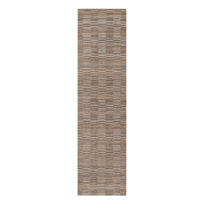 Tapis de couloir 2 pi 7 po x 12 pi brun à motif quadrillé moderne en polyester texturé tissé à la main