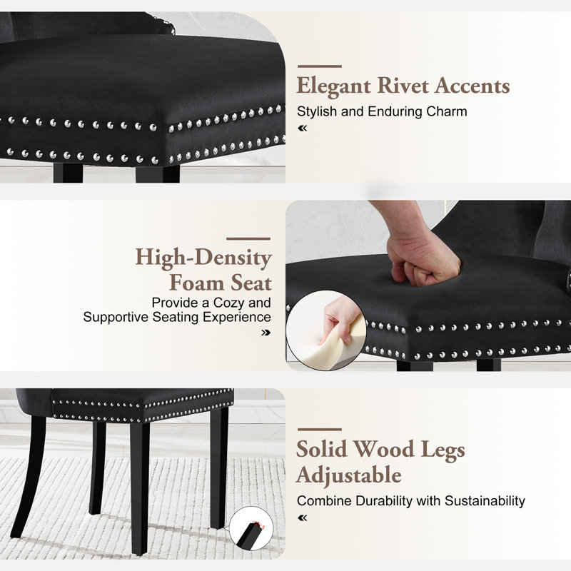 5-Piece Dining Table Set, 36" Round Tempered Glass Table And 4 Tufted Velvet Upholstered Chairs With Nailhead Trim And Pull Ring