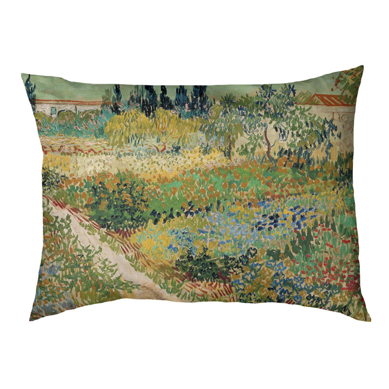 Coussin stylisé bluhender garten mit pfad Burk, Petit (L 29,5 po x l 19,5 po), Bleu / Vert / Rouge