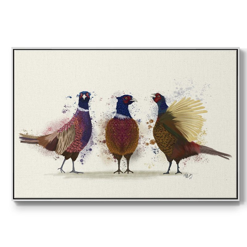 Pheasant Trio, reproduction d'art sur toile, H 25 po x l 37 po x P 2 po, Blanc