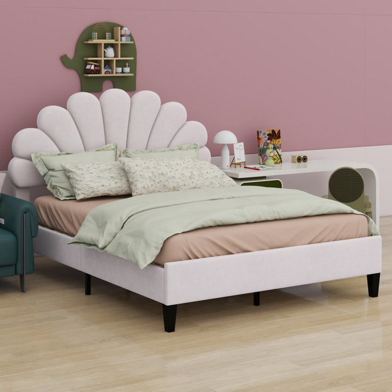 Lit plateforme tapissier avec tête de lit à motif floral, Beige, Grand lit