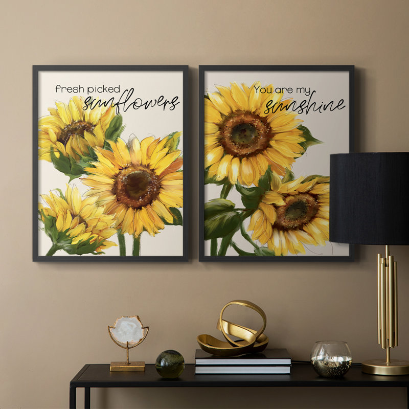 Tournesols fraîchement cueillis - reproduction encadrée de qualité supérieure - prêt à être accroché - aucun clou requis - aucun clou requis