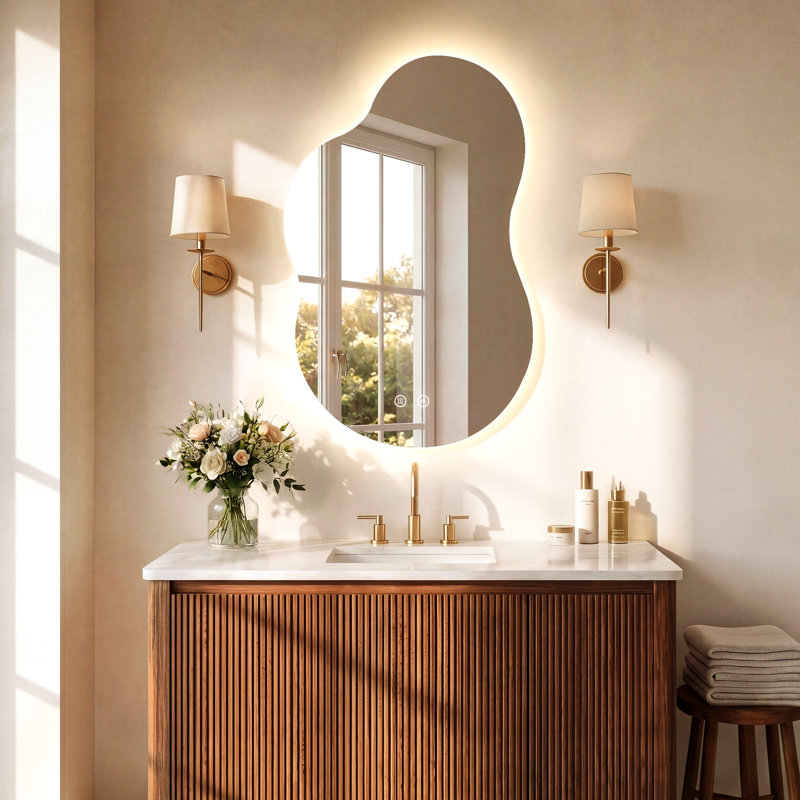 Miroir de salle de bain asymétrique certifié UL / ETL en forme de nuage avec rétroéclairage, antibuée, éclairage 3 couleurs, gradation continue, verre trempé, garantie de 3 ans