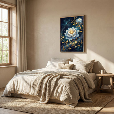 Art mural sur toile bleu et blanc avec vignes dorées et nébuleuse étoilée