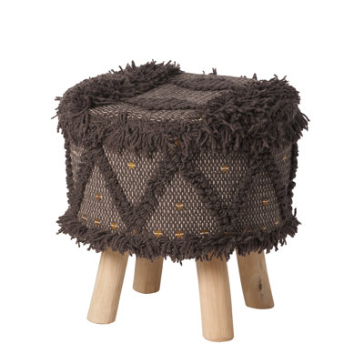 Dark Brown Handcrafted Foot Stool - Wool & Cotton Cover And Eucalyptus Wood Frame 16.31" H Crafted With