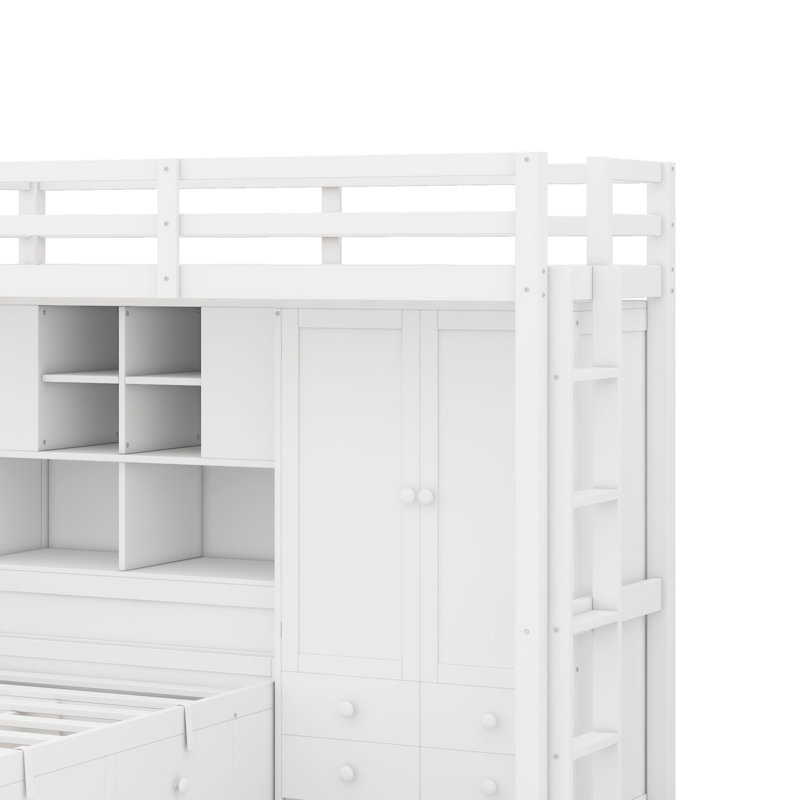 Lit superposé simple avec tiroirs, garde-robe, tablettes et hydraulique, Blanc