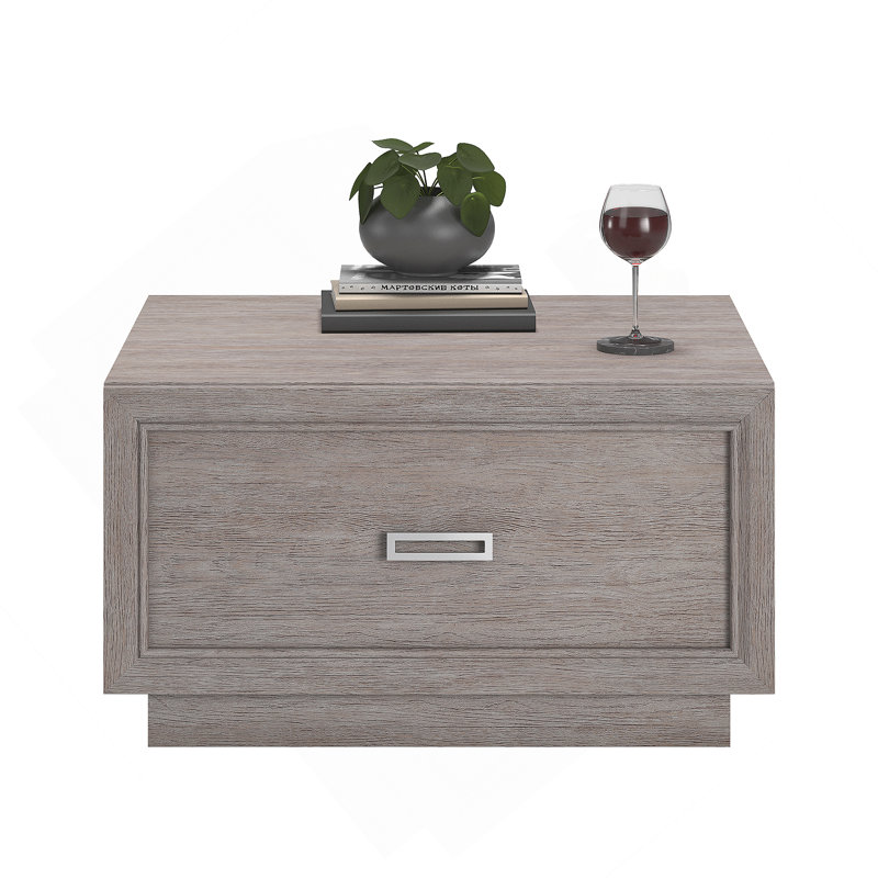 Table basse moderne et minimaliste gris moyen avec tiroir spacieux et tablette ouverte