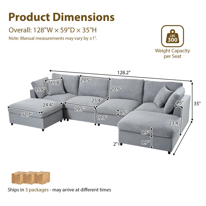 Canapé modulaire en chenille modulaire de 128 po en forme de U avec 2 repose-pieds mobiles, Gris
