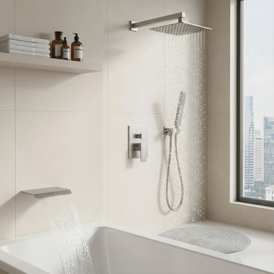 Système de douche de pluie mural haute pression de 12 pouces avec pomme de douche à main, robinet de baignoire à cascade et valve à pression équilibrée