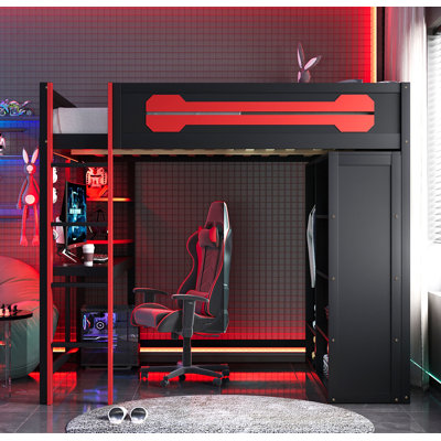 Full Size Wood Loft Bed with Desk, Open Wardrobe and RGB Light, Red