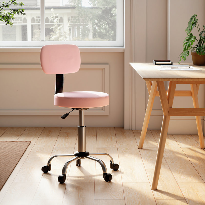 Adjustable Rolling Stool with Backrest, Faux Leather Stool Chair, Pink