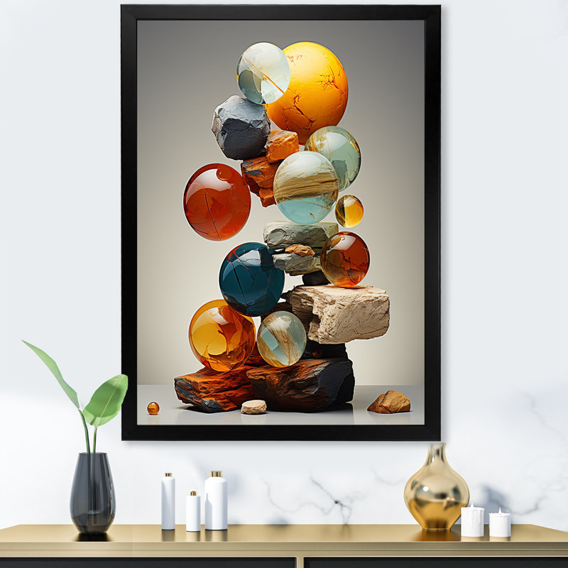 Pyramide de marbre géométrique abstraite IV - art mural abstrait, Cadre flottant doré, H 20 po x l 12 po x P 1 po